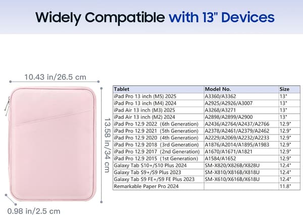 Tum surfplattefodral för iPad Air 13\" M3 2025, iPad Pro 13\"/12.9\", Galaxy Tab S9/S10 Plus/S9 FE+/S9 FE Plus 12.4\", Rosa