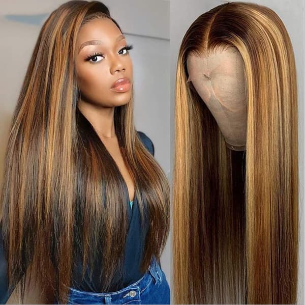 Highlights Ombre Blond Parykk for Kvinner Syntetisk Lang Rett Hår