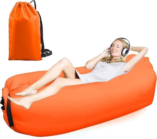 Oppustelig strandsofa, oppustelig seng 200 x 70 cm, ideel til camping og stranden, orange, polyester