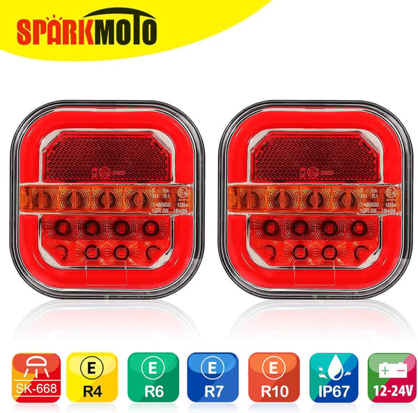 To LED-trailerbaglygter: nummerplade, bremselys, refleks, 12V/24V, ECE/EMC-certificeret.
