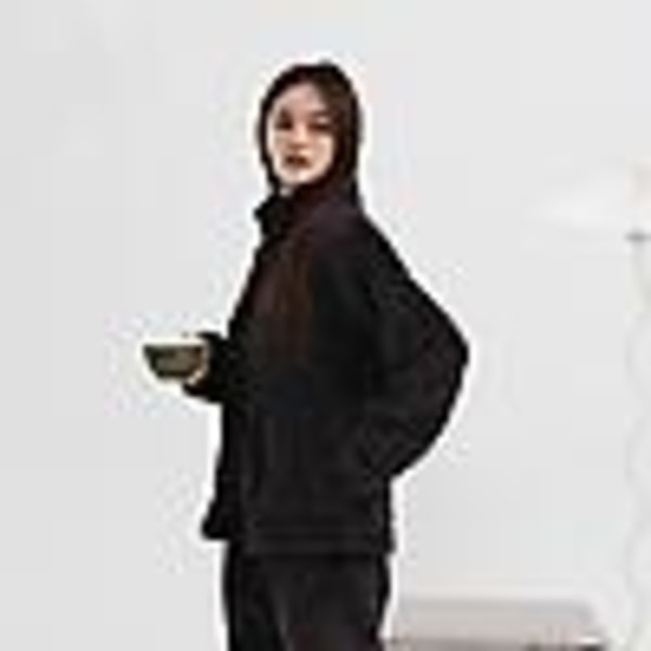 Kvinnors fluffiga pyjamas set kvarts dragkedja fleece 2 delar Sherpa pullover byxor set fuzzy sovkläder, svart M (110 catties - 130 catties)