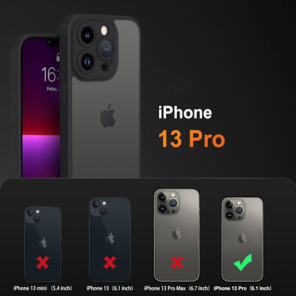iPhone 13 Pro -kotelo kameran linssin täydellä suojalla, sormenjälkiä estävällä mattapintaisella takaosalla, 6,1 tuumaa - Musta