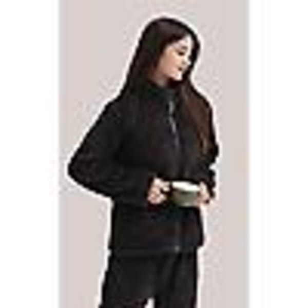Kvinnors fluffiga pyjamas set kvarts dragkedja fleece 2 delar Sherpa pullover byxor set fuzzy sovkläder, svart M (110 catties - 130 catties)