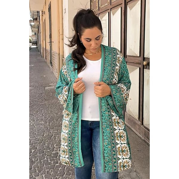 Kimono Cardigan för Dam Bohemisk Blommig Tryck Strandöverdrag 3/4 Ärm Chiffong Bikini Sarong Sjal Toppar Style 2 M