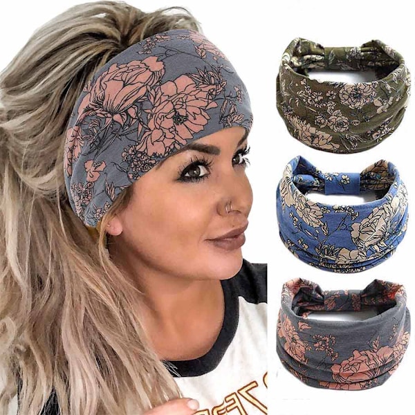 Huvudband Bred Knut Hår Scarf Blommig Tryckt Hår Band Elastisk Turban Tjock Huvud Wrap
