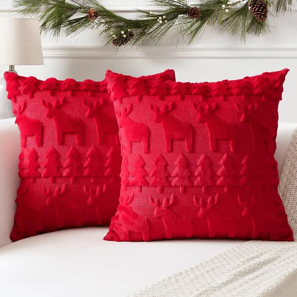 Sæt med 2 Jule-fløjlspudebetræk bløde dekorative pudebetræk til sofa soveværelse kontor stue Jul, 45*45cm Red