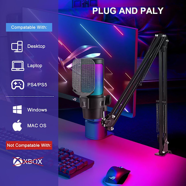 USB Gaming Mikrofon, RGB Kondensatormikrofon, med Arm, til Mac PS4 PS5, Streaming Spil Podcasts