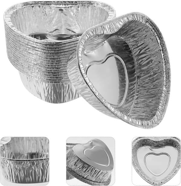 30 Premium Hjerteformede Aluminium Bageforme, Sølv, Engangs Aluminium Tærteforme, 10 x 9,5 x 3,3 cm