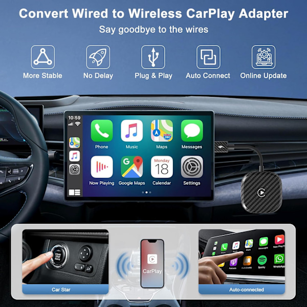 Langaton CarPlay iPhonelle, Langaton CarPlay-dongle muuntaa langallisen langattomaksi, autoihin vuosilta 2017-2024 ja iPhone iOS 11+