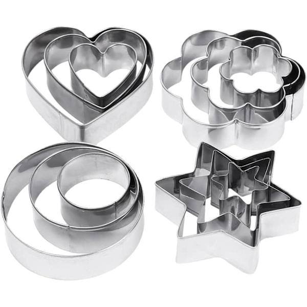 Kakskärare, 12 st metallkakskärare hjärtstjärncirkelblomformad form