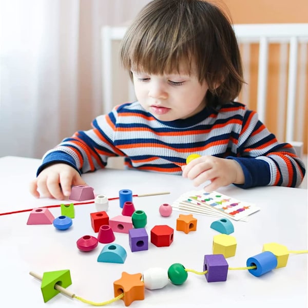 Stapelspel, träleksak, 2-i-1, träsortering, stapelspel, trådspel, stapling och sortering, byggklossar, för barn från 2, 3, 4, 5 år