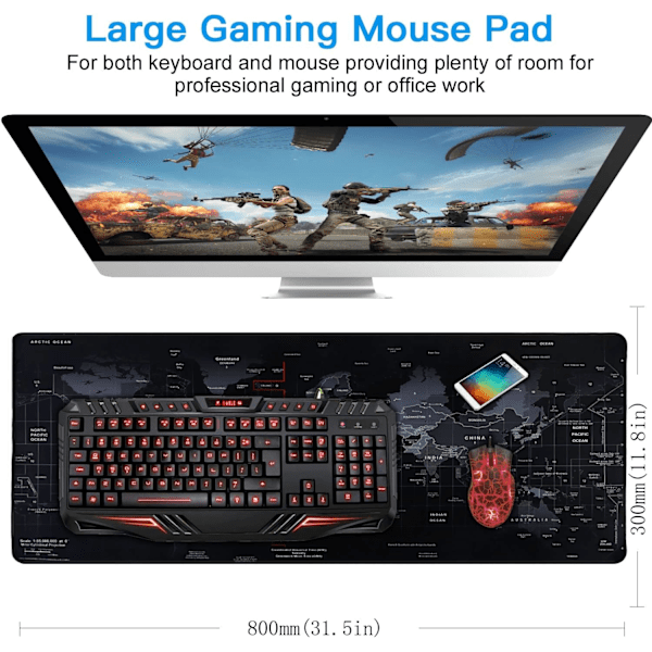 Gaming Musemåtte, Stor Musemåtte Størrelse 80x30CM 3MM Tykkelse, Skridsikker Computermåtte