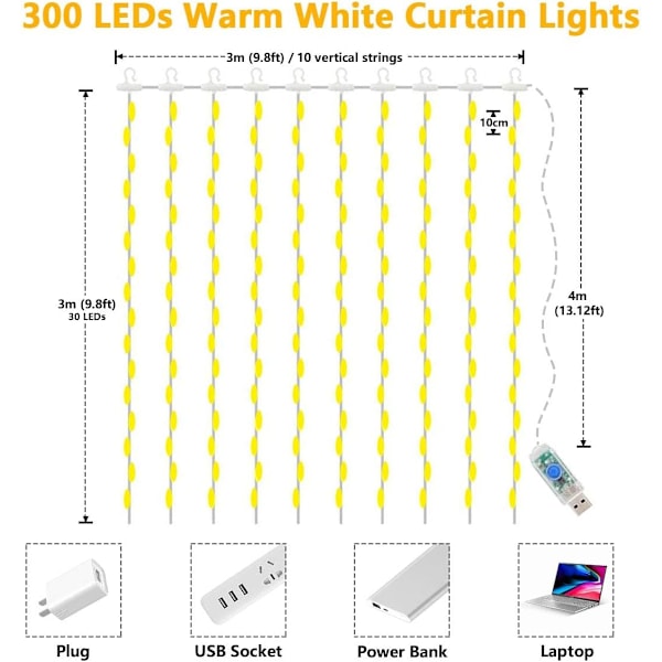 LED Gardinlampor Stränglampor, 3m × 3m 300 USB Fe-lampor 8 lägen med fjärrkontroll för (Blå)