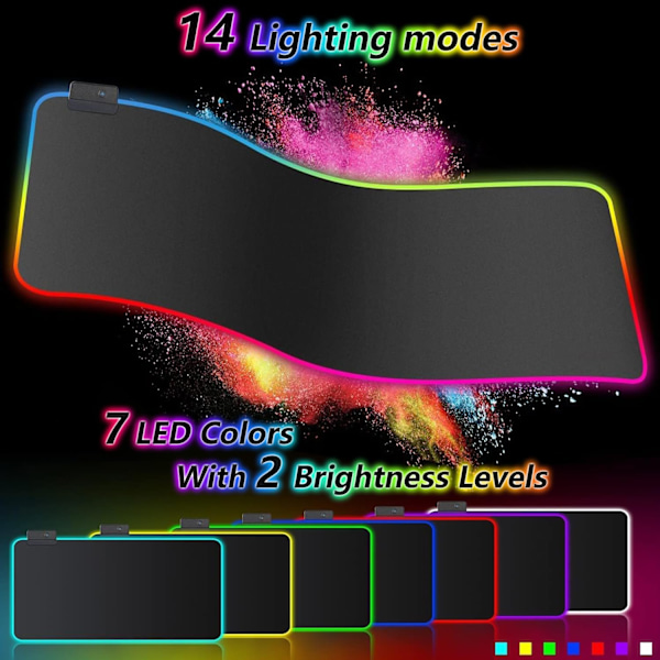 RGB Gaming Musemåtte XXL (900 x 400 mm), 14 LED-lyseffekter, Vandtæt, Skridsikker, Slidstærk til PC-gamer