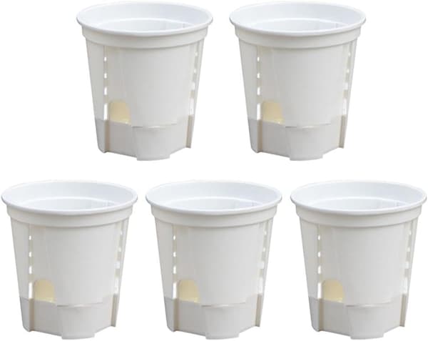 Set med 5 orkidékrukor i plast — Ytterdiameter 12 cm, basdiameter 8,3 cm, höjd 14 cm — Vit
