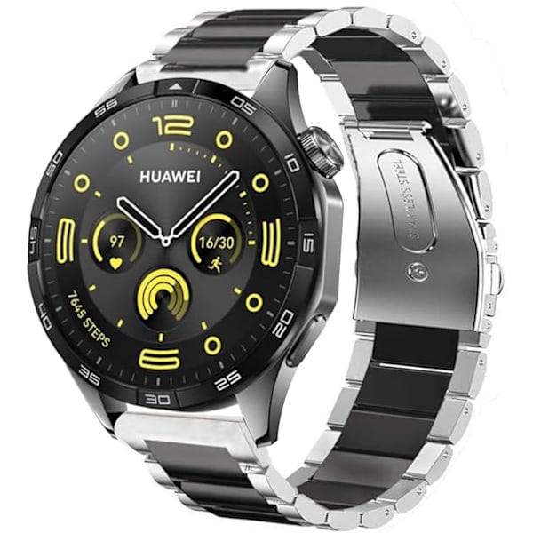 Kompatibel med HUAWEI WATCH GT4 46mm rem, Quick Release udskiftningsrem i rustfrit stål, sølv-sort (værktøj ikke inkluderet)