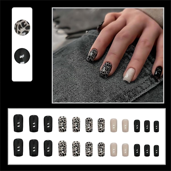 Sorte Press-on Negle Medium Længde Firkantede Kunstige Negle med Lim Akryl Falske Negle med Sort Leopard Print Design 12 Størrelser, 24 stk