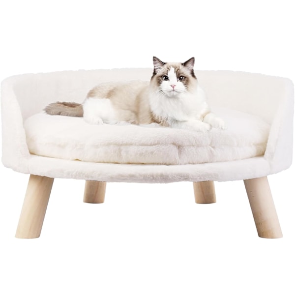 Kattesofa Stol Seng med Aftagelig Vandtæt Måtte - Hævet Plys Pels Hunde Killing Sofa med Træben Ramme (Dia 35cm)