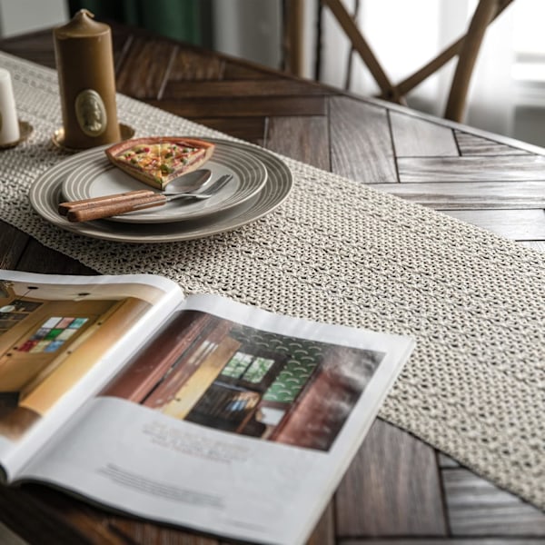 Boho Beige Macrame Bordlöpare med fransar, Bohemisk vävd bomullsvirkad spets, Rustik Heminredning (Beige, 30x180cm)