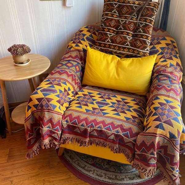 Bohemisk geometrisk filt, Boho tyg soffa filt överdrag för soffa säng stol vardagsrum, sovrum