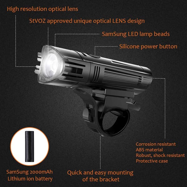 LED Sykkellys, USB Oppladbare Sykkellys foran og bak, 4 Lysmoduser, IPX3 Vanntett, 2000mAh Sykkellys