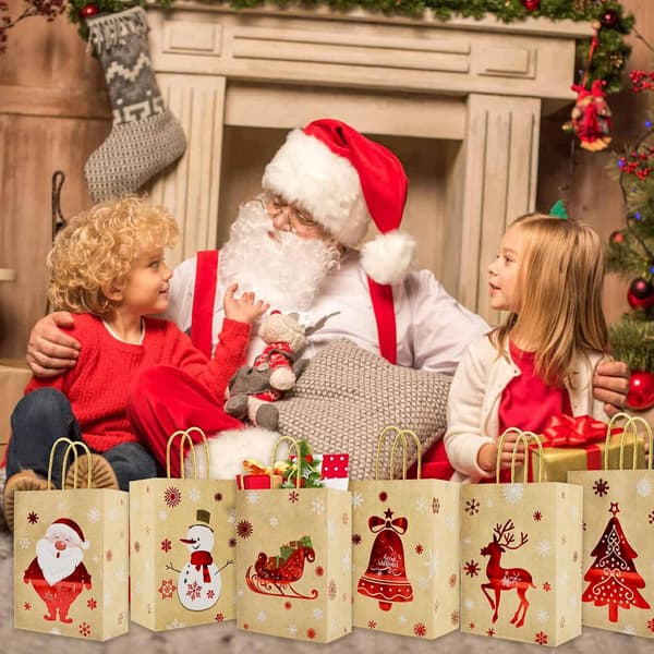 24 st Julklappspåsar, Bruna Julpåsar av Papper, Julgodispåsar, Presentpåsar med Handtag, Julpresentpåsar