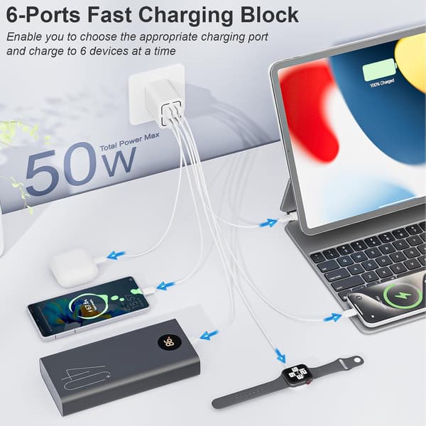 50W USB C Plugg Hurtiglading 6-Port Multi USB Lader Plugg Hurtigladeplugg