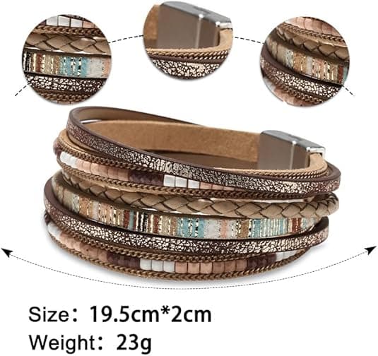 Læder Wrap Armbånd til Kvinder, Boho Leopard Multi-Layer Krystal Perler Manschet Armbånd Smykker khaki