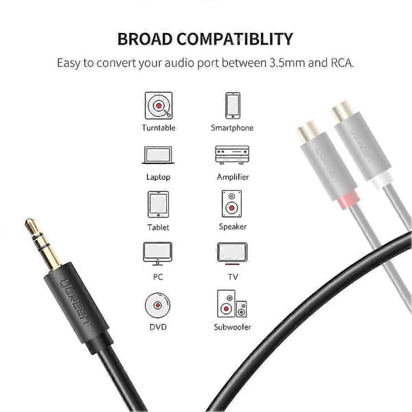 UGREEN 10547 0,25-meter 3,5 mm AUX han til 2RCA hun RCA Y-splitter lydadapter-stikkabel