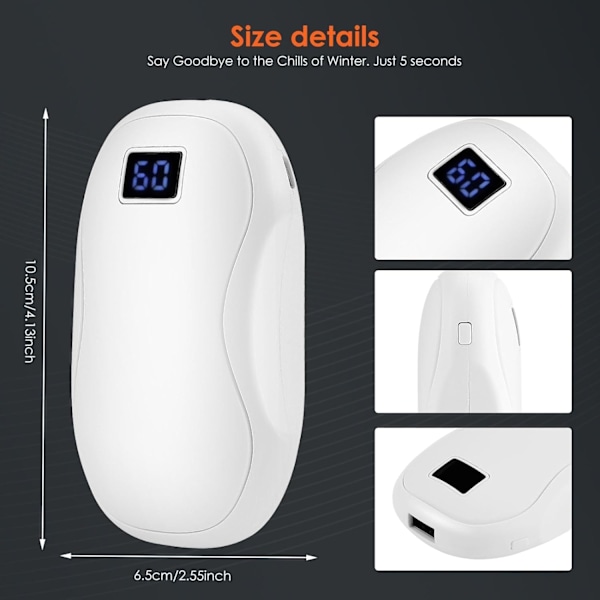 Käsienlämmittimet Ladattavat, Sähköiset Käsienlämmittimet, 2 in 1 Uudelleenkäytettävä Sähköinen Kannettava Taskulämmitin USB 6000mAh Varavirtalähde Valkoinen