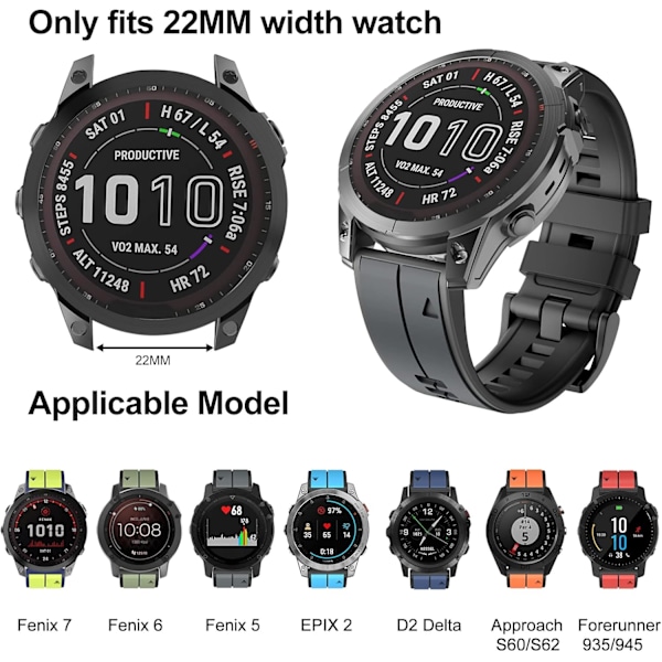 Rem til Garmin Fenix 7/Fenix 6/Fenix 5/EPIX 2, Quick Fit 22mm Silikone Urrem til Approach S60/S62, D2 Delta, Forerunner 935/945