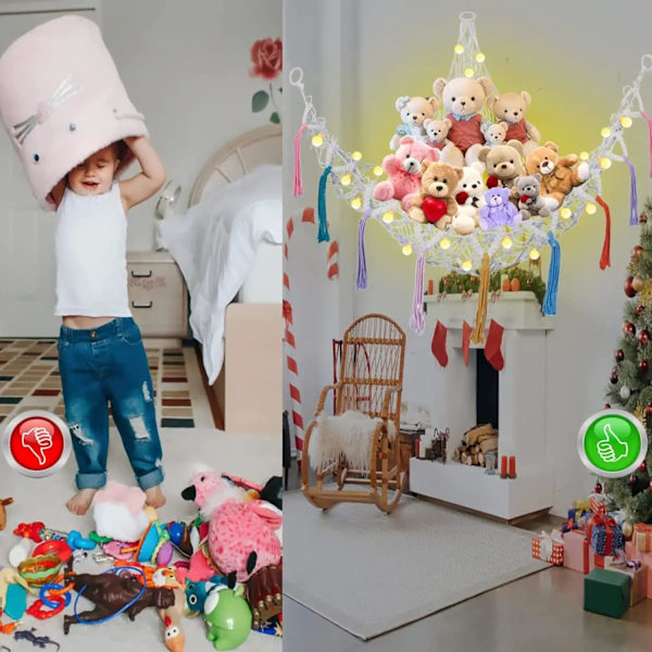 Teddy Hängmatta Leksak Förvaring Hängmatta Organizer Nät med Färgglada Tasslar, Teddy Bear Nät Mesh Hållare Stor Hängande Nät för Stoppade Djur