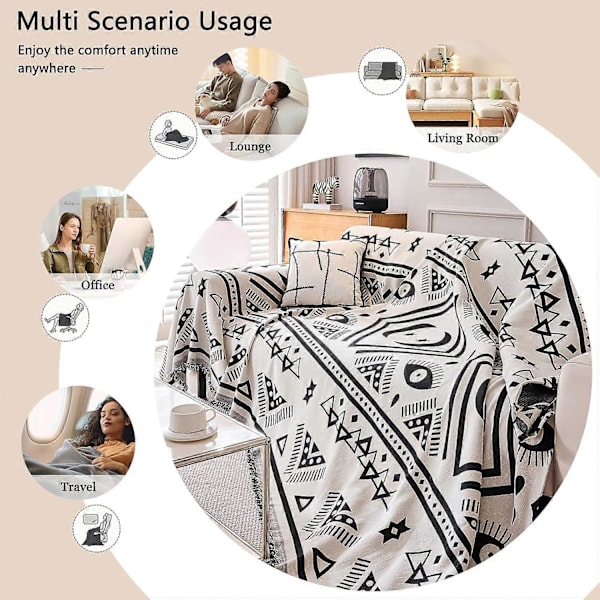 Vendbare Sofabetræk Chenille Jacquard Geometrisk Boho Sofabetræk, Beige Sort Sofabetræk til Sektionssofa Chic Møbelbeskytter 180x