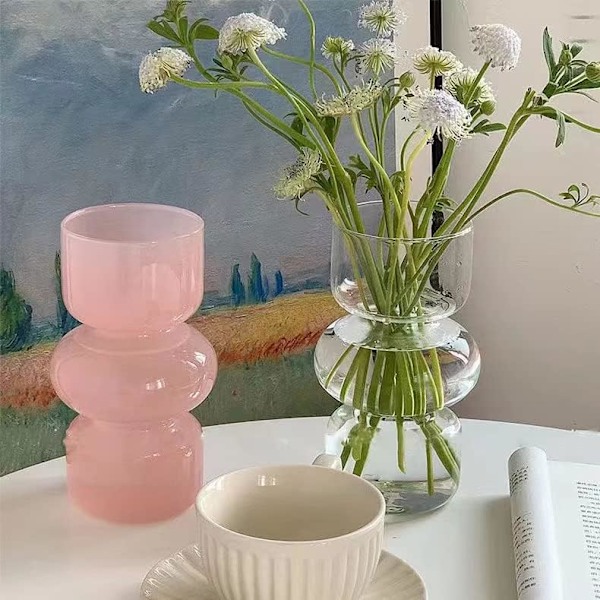 Rosa Transparent Glas Hydroponisk Vas, 18 cm Färgad Vas för Blommor, Treläggrig Glasblomvas för Heminredning (Rosa) Light pink