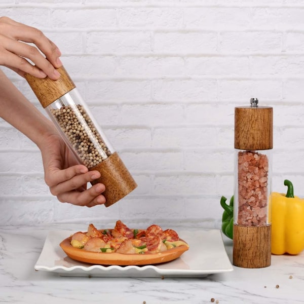Premium Akryl Salt og Pepperkvern Sett, Manuelle Salt- og Pepperkverner, Tre Shakere med Justerbar Keramisk Kjerne