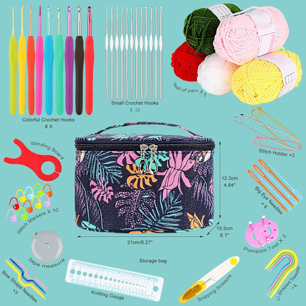 Virka Kit, Virkningsset för Nybörjare Vuxna, Virkningsstartpaket med Ull, Ergonomiska Metallvirknålar Set 0,6-6,0 mm