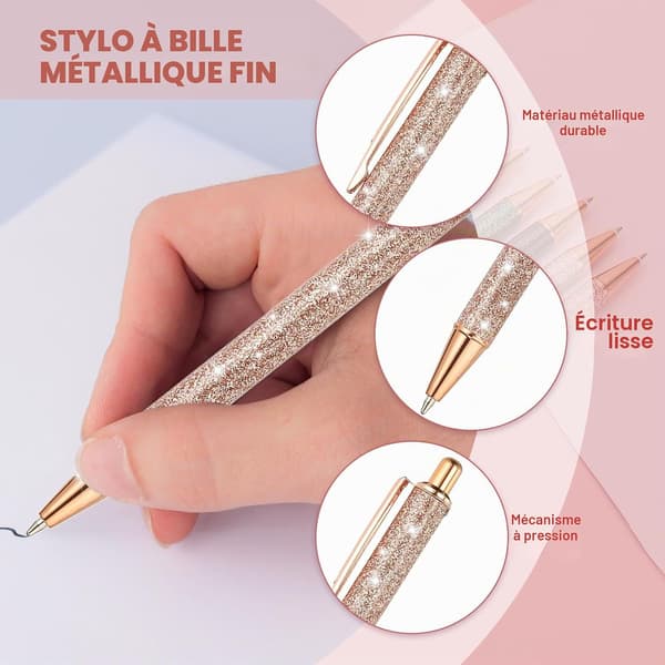 Glitterkulspetspenna, 2-pack elegant glittrande infällbar kulspetspenna med metalltryckspets, svart bläck, roséguld