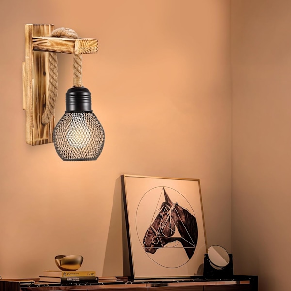 Vegglampe i tre med hampetau, E27 LED Retro Vegglampe Stue Nattbord Korridor Kafé Bar (Uten Pære)