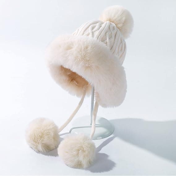 Vinter Peruvian Hue med Øreklapper til Kvinder, Skihuer, Snehatte, Strikket Fleeceforet med 3 Pomponer