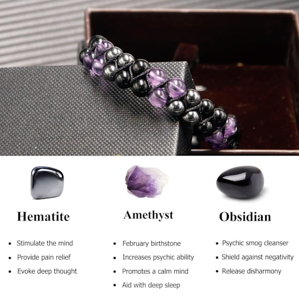 Triple Skyddande Armband för Kvinnor, Äkta Läkande Kristall Armband Ametist Svart Obsidian Hematit 6mm, för Skydd Balans