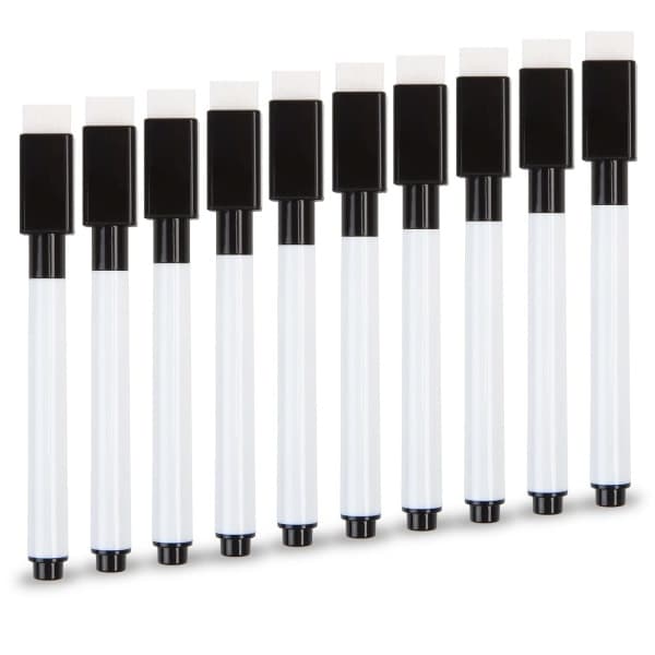Small Whiteboard Pens, 10 Black Whiteboard Pens with Eraser, Fine Tip Whiteboard Pens
