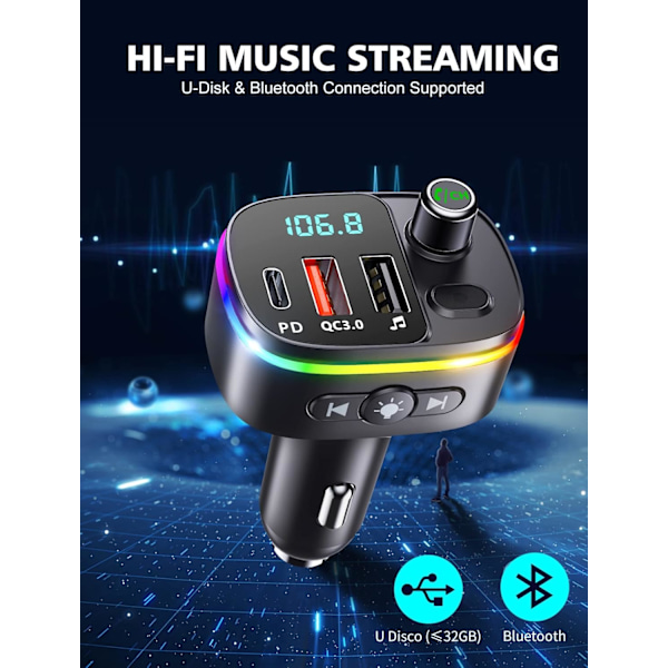 Bluetooth 5.3 Billadapter, QC3.0 & PD 18W USB C Billaddare, 9 RGB Bakgrundsbelysta Bil Bluetooth-mottagare