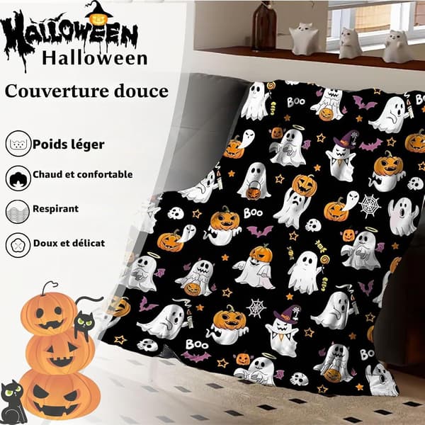 Halloween-teppe, 130x150cm, mykt og luftig med gresskar-, spøkelses- og flaggermusdesign