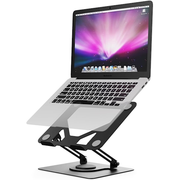 Laptopstativ for skrivebord, sammenleggbart laptopstativ med 360° dreibar base, justerbar høyde og vinkel, ventilert datamaskinholder kompatibel