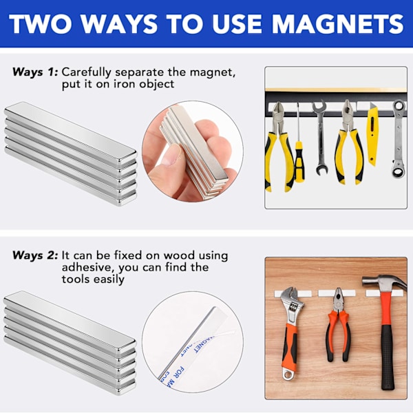 Kraftiga sällsynta jordartsmetaller Neodymmagneter, stavmagneter med dubbelsidig tejp, perfekta för kylskåp, garage, kök, kontor 60x10x3mm 10pack