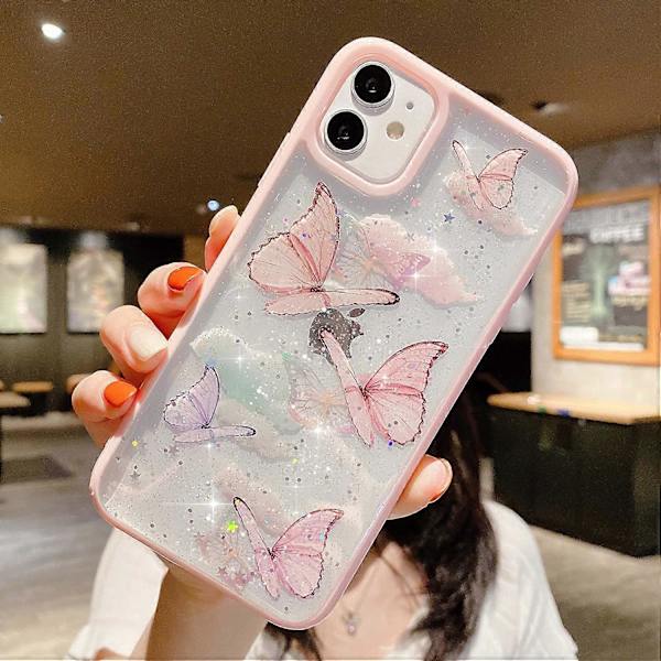 Kompatibel med iPhone 12/12 Pro Skal för Tjejer, Mjuk Slimmad Passform Fullständigt Skyddande Sött Klart Glittrigt Bling Stjärna Fjäril Mönster Mobilskal Glitter