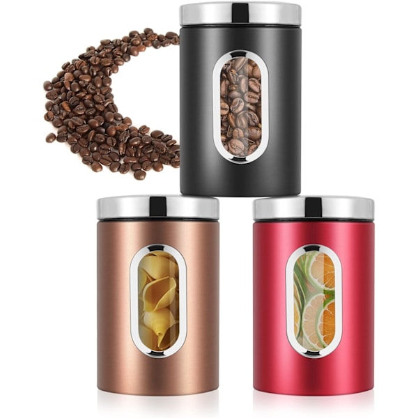 Lufttät kaffeburk i rostfritt stål, set med 3 lufttäta burkar av livsmedelskvalitet med fönster, för frön/kaffe/flingor/kryddor/te