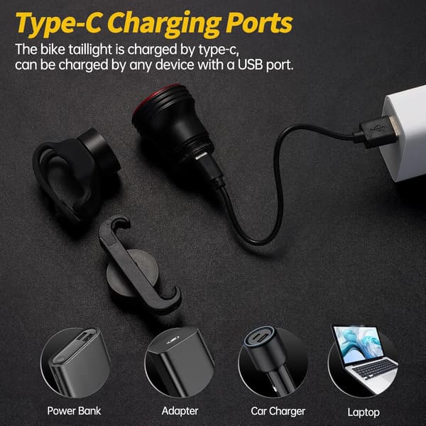 Smart cykelbaglygte, genopladelig via USB-C-interface, lavet af IP65 vandtæt aluminiumslegering.
