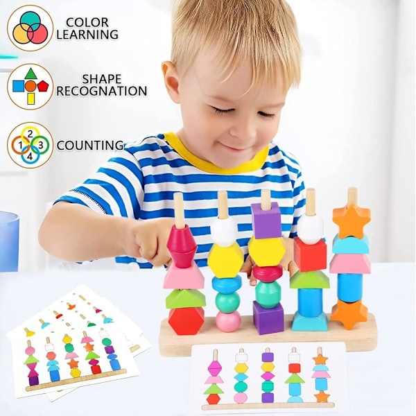 Stapelspel, träleksak, 2-i-1, träsortering, stapelspel, trådspel, stapling och sortering, byggklossar, för barn från 2, 3, 4, 5 år