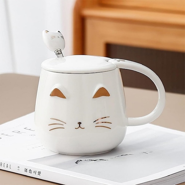 - Kawaii Kattkopp 450ml - Kattkopp med Lock & Sked - Vit & Guld Keramiska Färger - Te Kaffe Infusionskopp